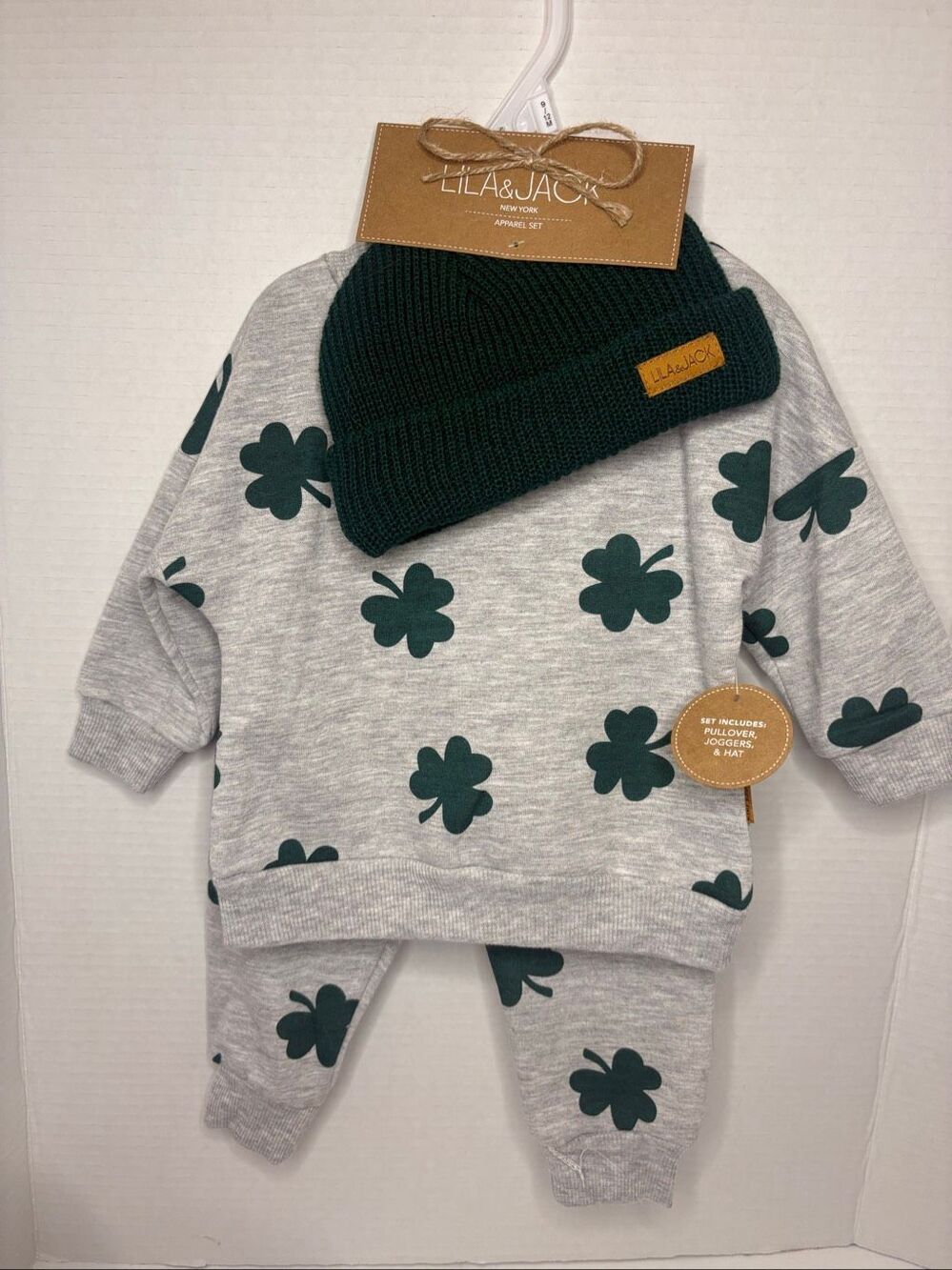 Lila & Jack Unisex Saint Patricks Day Grey Matched Set Shamrocks Green Hat 9-12M